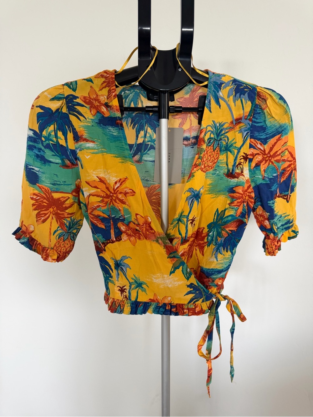 Zara Yellow Tropical Print Wrap Crop Top